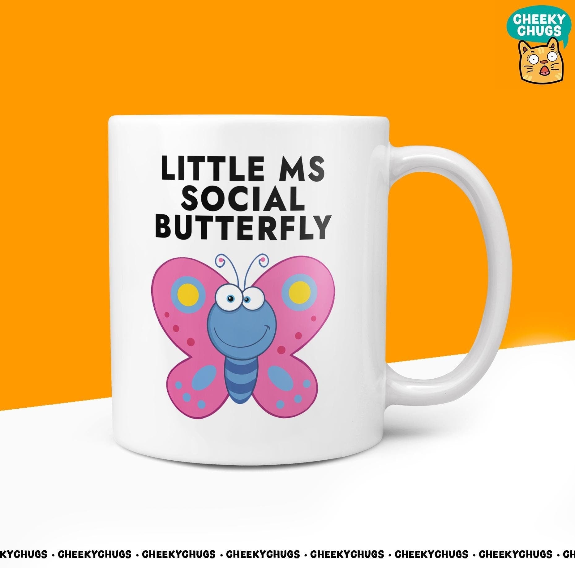 Novelty Little Ms SOCIAL BUTTERFLY Mug Funny Women's Miss Her Gift Secret Santa Present Ceramic Parody Birthday Christmas Coffee Tea Cup - CheekyChugs