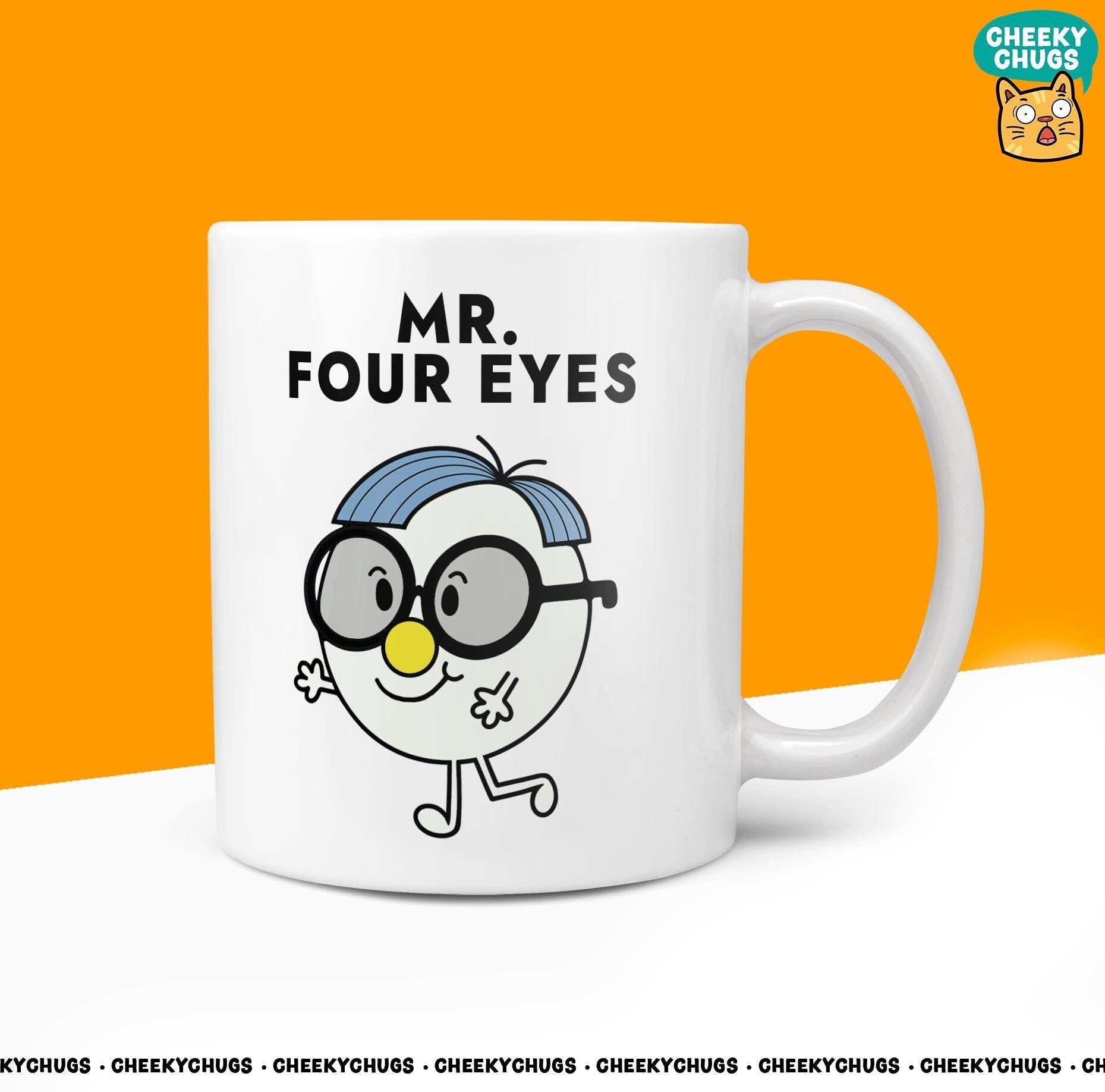 Novelty MR FOUR EYES Mug Funny Men Mr Him Gift Secret Santa Present Unique Ceramic Novelty Office Birthday Christmas Coffee Tea Cup - CheekyChugs