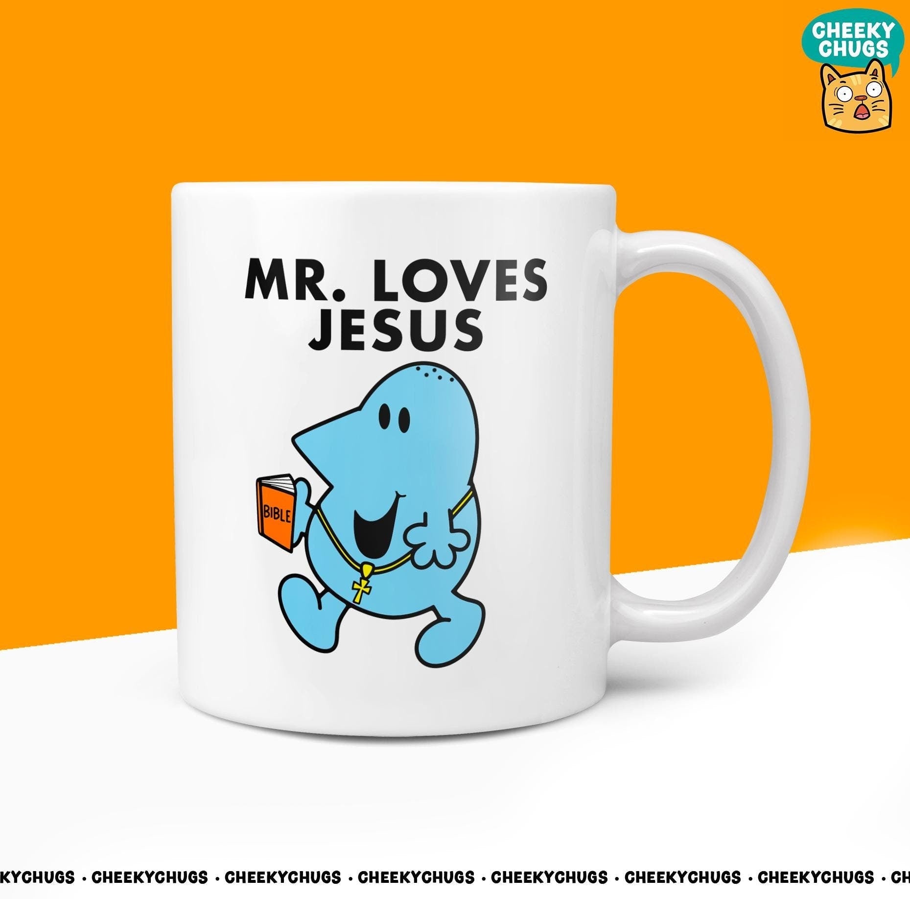 Novelty MR LOVES JESUS 10oz Coffee Mug - Gift for Men Him Man of Faith, Churchgoers, and Those Who Love Jesus - Mr Spiritual Reflection - CheekyChugs